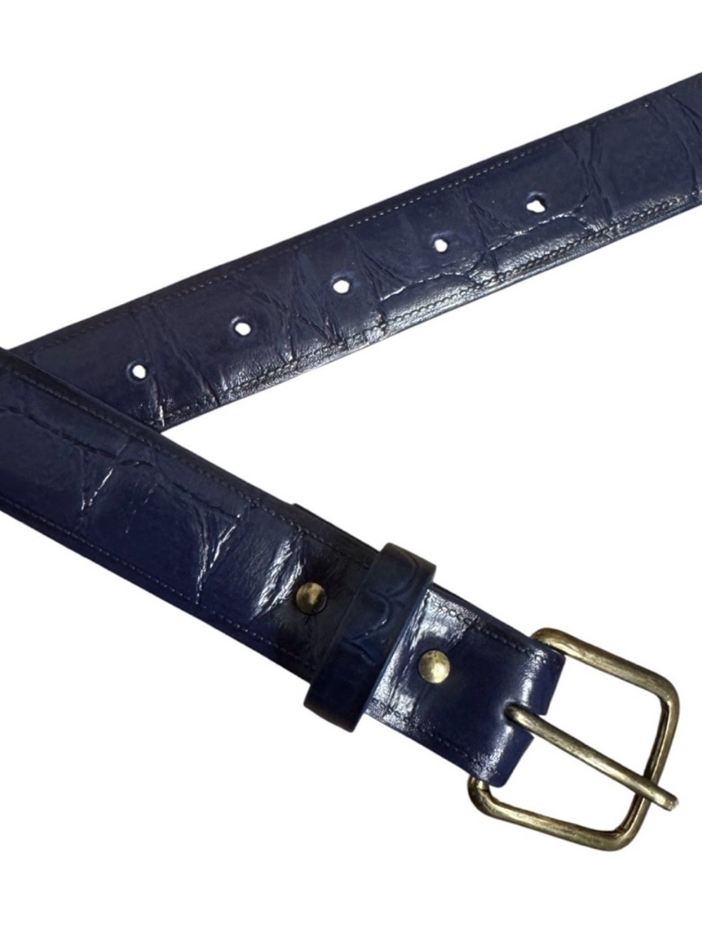 ✨VTG Women’s 80’s Blue Leather Croc-Embossed Gold Buckle Minimalist Belt